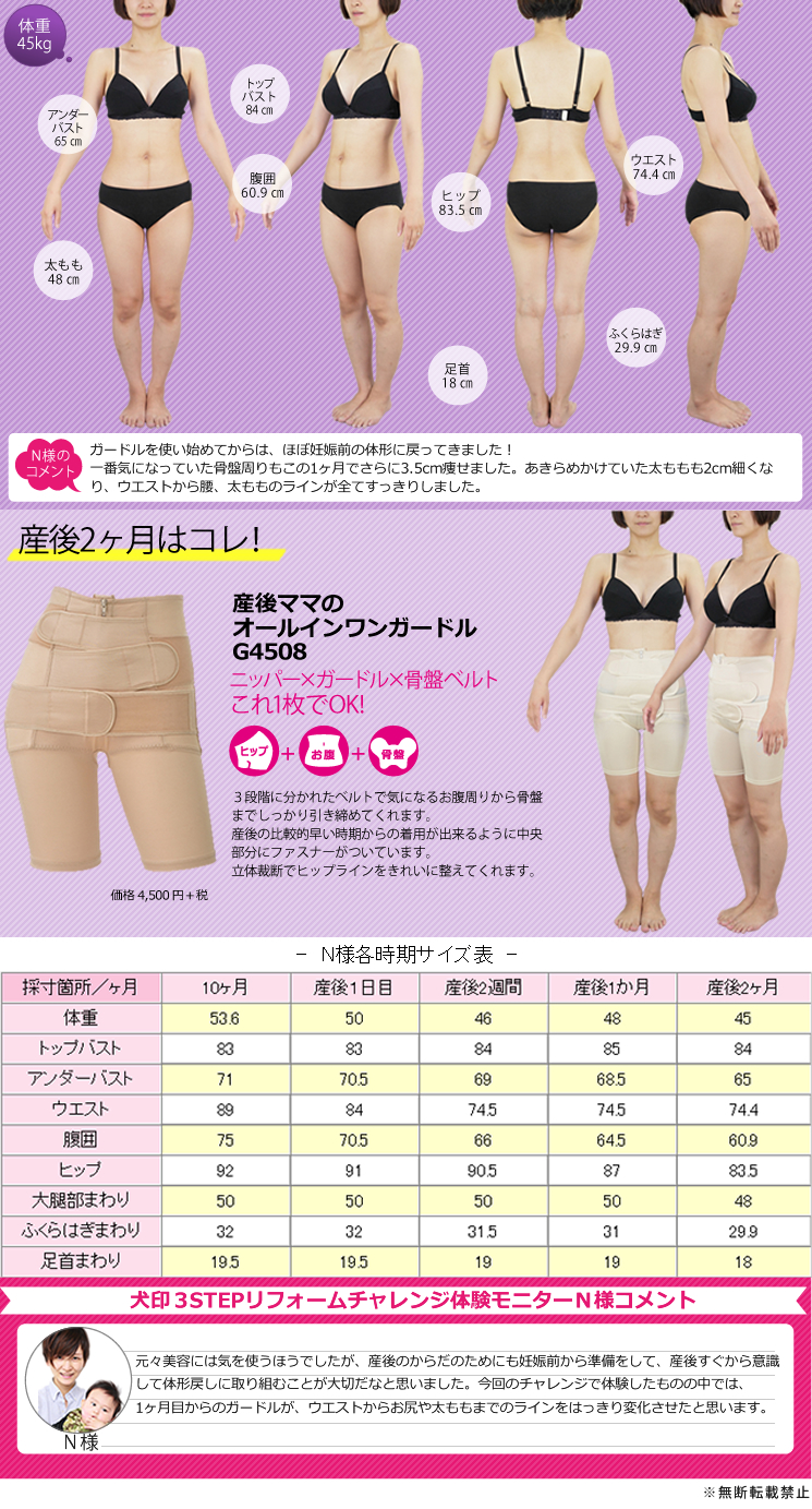 体重45kg 【N様のコメント】ガードルを使い始めてからは、ほぼ妊娠前の体形に戻ってきました！一番気になっていた骨盤まわりもこの1ヵ月でさらに3.5cm痩せました。あきらめかけていた太ももも2cm細くなり、ウエストから腰、太もものラインが全てすっきりしました。 《産後2ヵ月はコレ!》産後ママのオールインワンガードル G4508：ニッパー×ガードル×骨盤ベルト これ1枚でOK！3段階に別れたベルトで気になるお腹周りから骨盤までしっかり引き締めてくれます。産後の比較的早い時期からの着用ができるように中央部分にファスナーがついています。立体裁断でヒップラインをきれいに整えてくれます。 【犬印3STEPリフォームチャレンジ体験モニターN様コメント】元々美容には気を使うほうでしたが、産後のからだのためにも妊娠前から準備をして、産後すぐから意識して体系戻しに取り組むことが大切だなと思いました。今回のチャレンジで体験したものの中では、1ヵ月目からのガードルが、ウエストからお尻や太ももまでのラインをはっきり変化させたと思います。