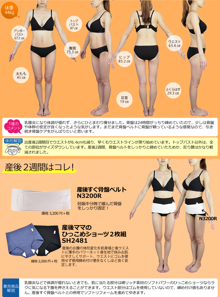 体重44kg 【T様のコメント】乳腺炎になり体調がすぐれず、さらにひとまわり痩せました。骨盤は24時間がっちり締めていたので、少しは骨盤や体幹の安定が良くなったような気がします。まだまだ骨盤ベルトに骨盤が頼っているような感覚なので、引き続き骨盤ケアをがんばりたいと思います。【体形解説】出産後2週間目でウエストが6.4cmも減り、早くもウエストラインが戻り始めています。トップバスト以外はすべての部位がサイズダウンしています。産後2週間、骨盤ベルトをしっかりと締めてていたためか、反り腰はかなり軽減されました。《産後2週間はコレ!》産後すぐ骨盤ベルト N3200R：妊娠中分娩で緩んだ骨盤をしっかり固定!｜｜産後ママのひっこめショーツ2枚組SH2481：産後のお腹の体形変化を前身頃と後ウエストに薄手のパワーネット身生地で挟みお肌にやさしくサポート。ウエストにゴムを使用せず使用締め付け感をなくしほど良く安定します。《着用商品解説》乳腺炎などで体調が優れないときでも、肌に当たる部分は綿リッチ素材のソフトパワーのひっこめショーツならラクに気になる下腹を抑えることができます。ウエスト部分はゴムを使用していないので、締め付け感もありません。産後すぐ骨盤ベルトとの併用でソフトリフォームを進めてゆきます。